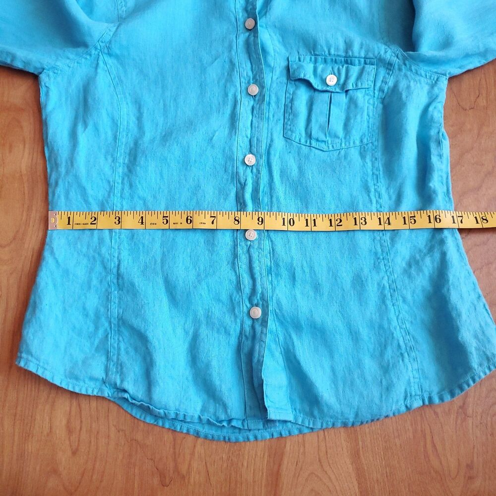 Talbots 100% Pure Irish Linen Top Petite Small Button Up 3/4 Sleeve Bright Blue - Picture 9 of 10